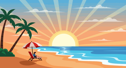 Obraz premium Serene tropical beach sunset with a person relaxing under a parasol, evoking peaceful vacation vibes and a perfect escape to a tranquil paradise