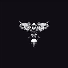 Obraz premium Gothic vector illustration of a raven with open wings flying above a human skull on a dark background.