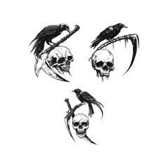Obraz premium Set of gothic hand-drawn illustrations featuring a human skull, grim reaper scythe, and a black raven bird isolated on a white background.