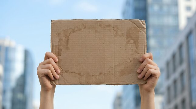 Two hands holding a blank stained cardboard sign with a modern city skyline blurred in the background under a clear sky message protest demonstration empty space copy concept