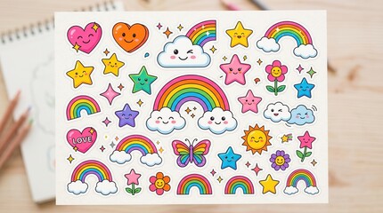 Naklejka premium Sheet of cute colorful stickers with smiling rainbows, stars, hearts, clouds, sun on a desk