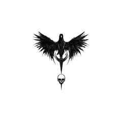 Obraz premium gothic black ink sketch illustration of a raven with spreading wings perched atop a human skull