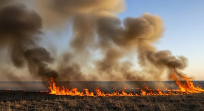 Large wildfire burning in dry landscape.