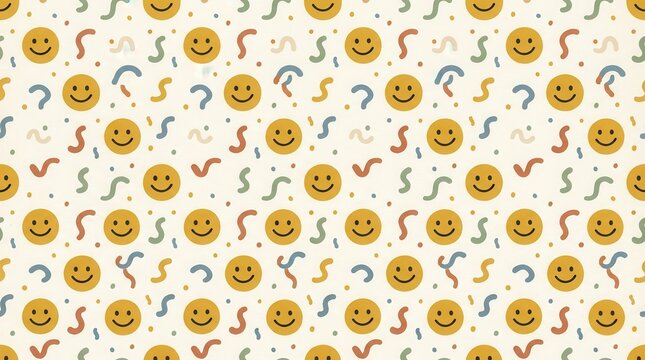 A happy pattern filled with yellow smiley faces and many colorful wavy lines on a cream surface