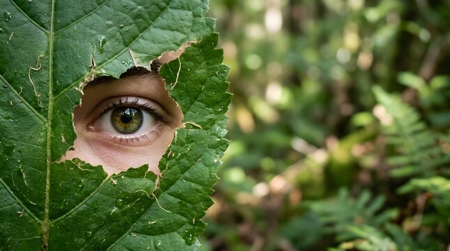 Human eye looking through a hole in a green leaf in the forest