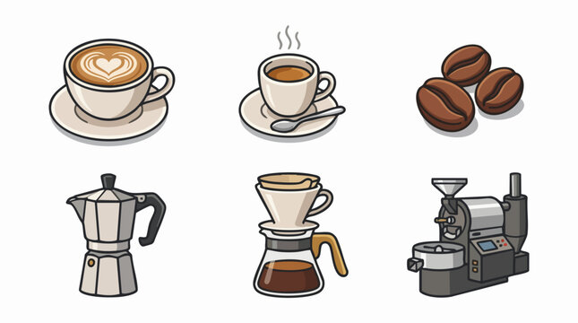 Coffee Collection: A set of delightful illustrations showcasing various coffee elements, including a latte art cup, espresso, coffee beans, a moka pot, a pour-over coffee maker, and a coffee roaster.