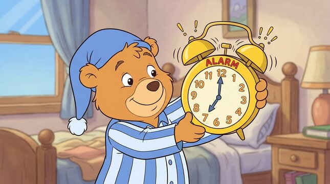 Cartoon bear in striped pajamas holding alarm clock at 7:00&mdash;cozy bedroom with bed, window, and nightstand&mdash;playful morning wake‑up illustration full of charm&hellip;