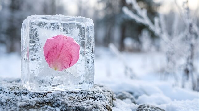 Pink rose petal frozen inside an ice cube on a snowy winter background