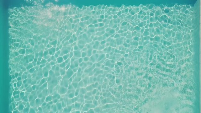 Overhead aerial view of a sparkling summer swimming pool, crystal-clear turquoise water with gentle sunshine reflections dancing across the surface, soft wave textures creating mesmerizing patterns