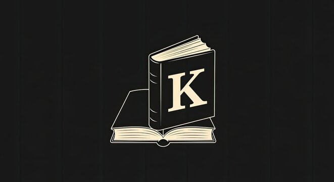Stylized illustration of a closed book with a decorative letter 'K' stacked on an open book, symbolizing knowledge, education, and wisdom.