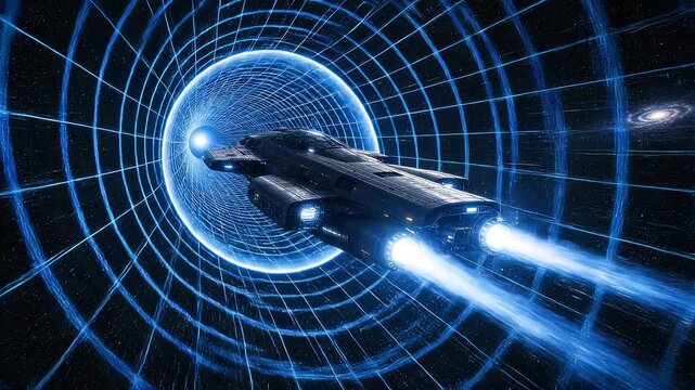 Futuristic spacecraft traveling at light speed through spacetime tunnel, hyperspace and time dilation sci-fi concept
