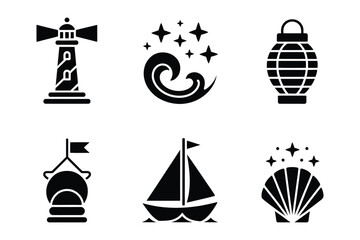 Naklejka premium Nautical and maritime symbols set for coastal navigation with nautical, maritime