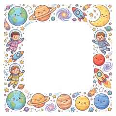 Fototapeta premium Cute space square frame with cute astronaut cartoon characters, rockets, pastel color planets and stars for kids design
