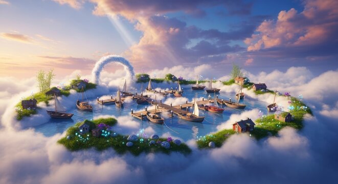 Une &icirc;le fantastique flottant dans les nuages, avec des bateaux et un arc-en-ciel