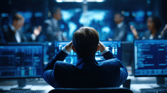 Computer monitor business man office control room blue light back view seated man suit screen technology data teamwork meeting blur dark room desk workstation analyst strategy network surveillance