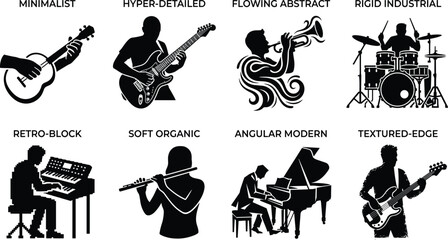 Generic musician and musical instruments silhouette variations vector icon set featuring abstract artistic performance designs for concert branding © Saminur