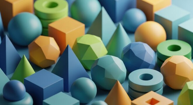 A colorful array of geometric shapes, including spheres, cubes, and pyramids, arranged in a chaotic yet visually appealing manner.