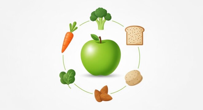 A green apple with a slice of bread and a carrot on a white background.