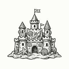 Naklejka premium Hand-drawn sandcastle with seashells, starfish, and flags on sandy beach, vintage sketch style