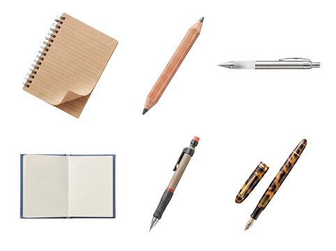 Collection of essential stationery items including notebooks, pencils, and pens, ready for creative work or study.