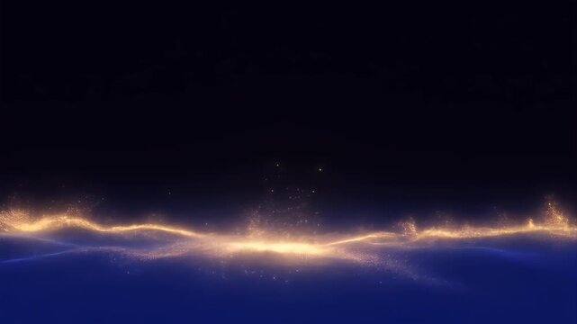 Golden particle wave abstract light background blue gradient sky shimmering energy horizon fantasy magic glow digital art landscape ethereal dust trail dreamy night scene elegant line fluid motion