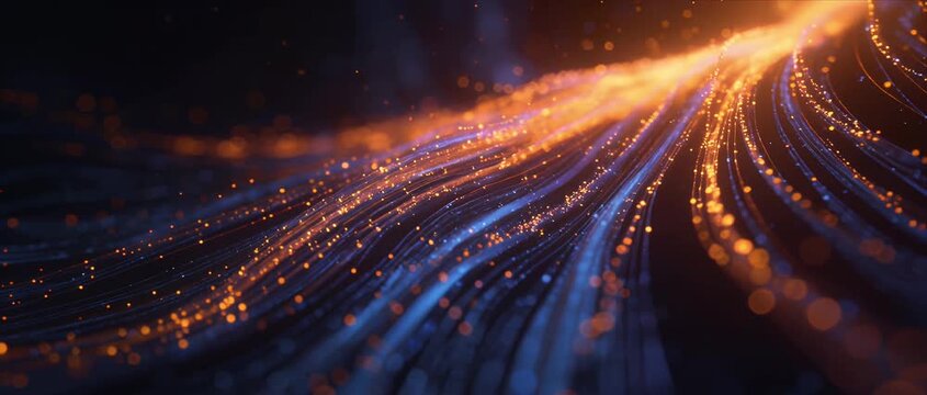 Futuristic particle wave background for text with glowing abstract line energy stream data flow, dynamic light trail fiber optic shimmer, orange blue digital motion blur neon glow pattern
