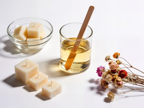 Liquid wax with wooden stirrer and square soy wax candles ideal for homemade aromatherapy product advertisement and social media