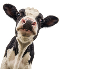 Funny close-up portrait of a curious Holstein dairy calf looking directly into the camera with an exaggerated wide-angle perspective. Black and white coat, large ears, expressive eyes, detailed muzzle © MJ iceberg