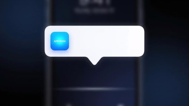 Push notification popup animation with app icon and blank message area, modern mobile UI user interface alert concept on blurred smartphone background.
