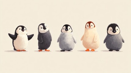 Fototapeta premium Cute penguins standing together in a natural wildlife group, adorable antarctic flightless seabirds with detailed feathers, charming animal scene representing nature, conservation, cold climate habita