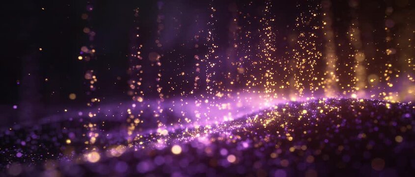 Particle wave background abstract glitter bokeh purple gold light sparkle fantasy energy flow celebration magic landscape effect, dreamy glowing dust light trail purple glitter bokeh background