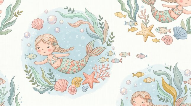 Sweet mermaids swim with colorful fish, seashells, and coral in a bubbly ocean