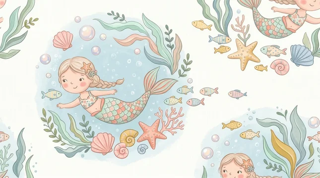 Sweet mermaids swim with colorful fish, seashells, and coral in a bubbly ocean