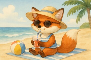 Fototapeta premium Cute fox enjoying beach vacation.