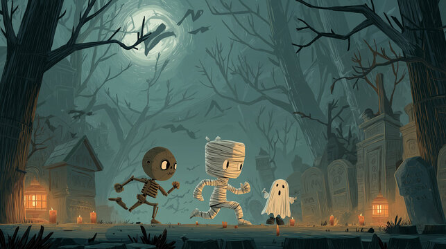 Halloween Graveyard Scene with Mummy and Skeleton, Spooky Cemetery Night 3D Rendering