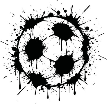 Grunge soccer ball vector with black ink splatters, dynamic football silhouette with paint drips, athletic sports equipment graphic for streetwear