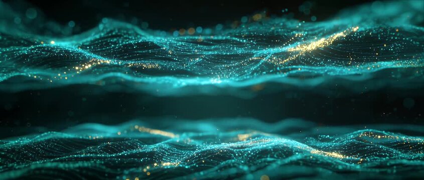 Abstract particle wave background for text glowing turquoise teal light digital horizon line futuristic background motion energy technology pattern dynamic field
