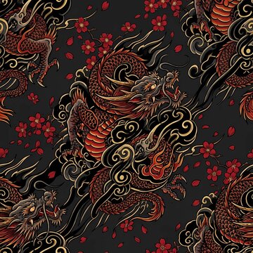 Japanese dragon seamless pattern with red cherry blossoms and golden clouds on a dark background, traditional irezumi tattoo style vector illustration for streetwear design