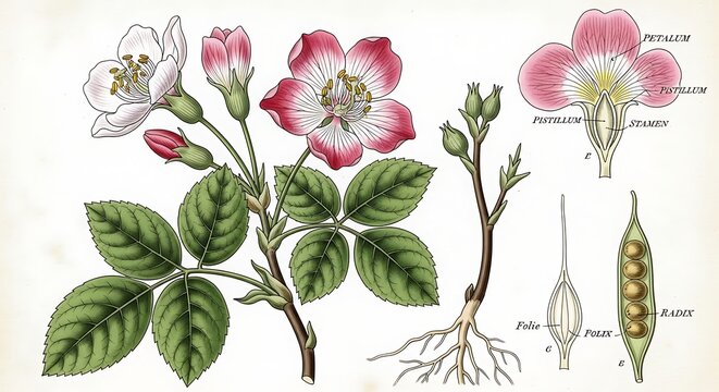 Detailed botanical illustration of rose plant