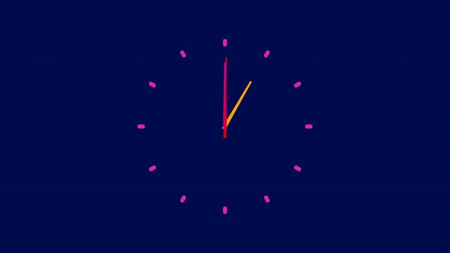 Abstract animation of a simple clock with spinning colorful hands on a dark blue background. Minimalist time concept featuring rapidly moving yellow purple and red needles.
