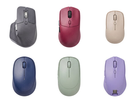 Overhead studio shot of six distinct computer mice in various modern colors, isolated for product display.