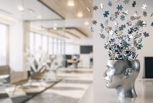 Silver metallic human head profile sculpture erupting with shiny floating jigsaw puzzle pieces. Blurred modern office background provides functional copy space.