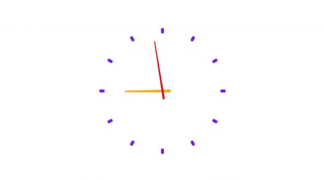 Minimalist simple clock animation featuring rapidly spinning red and orange hands with purple markers on a clean background for time and deadline concepts