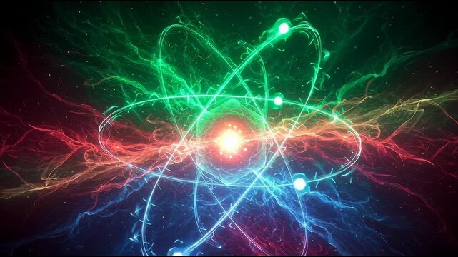 Abstract atom model with glowing electrons orbiting a bright nucleus in colorful nebula