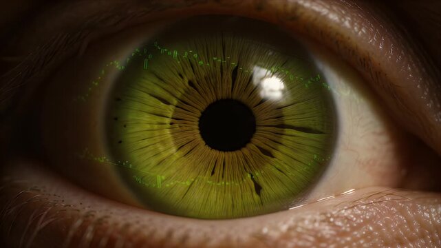 Close up green human eye iris pupil macro detail with biometric technology data visualization and cyber security monitoring concept eyeball vision abstract pattern vibrant color light reflection