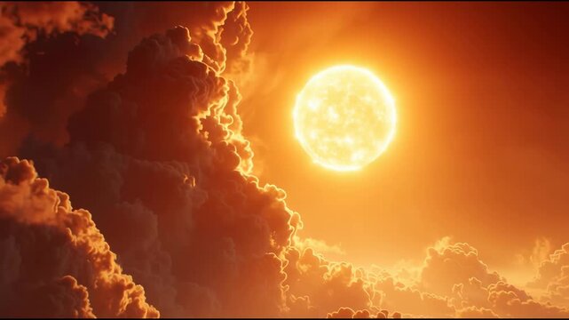 Dramatic sunset with fiery sun peeking through stormy clouds