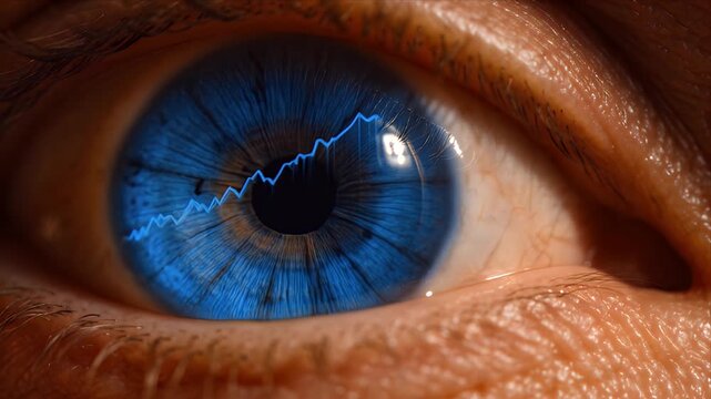 Macro close up blue eye iris reflection with finance growth data graph, analytic chart detail texture, vivid skin and eyelash pattern, intense human gaze vision technology future investment insight