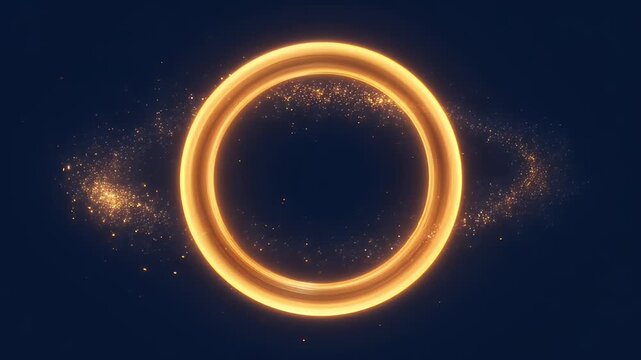 Golden ring light glow circle close up abstract magic portal design with golden energy swirl sparkle dust mystical eye focus on dark space background modern futuristic minimal mystical concept