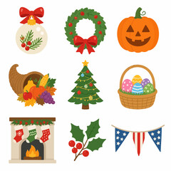 Fototapeta premium Set of flat holiday and seasonal vector icons including Christmas tree, wreath, jack-o'-lantern pumpkin, Thanksgiving cornucopia, Easter basket, fireplace with stockings, and patriotic bunting.