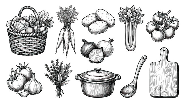 Vintage hand drawn vegetables and kitchen tools set, rustic farm food sketches, engraved organic garden produce vector icons for menu design